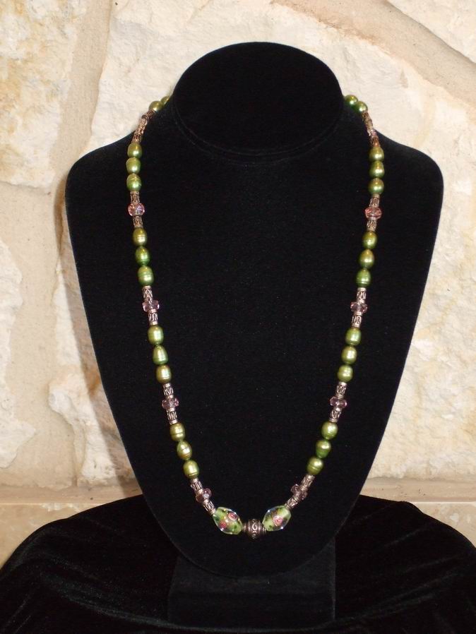 Lovely necklace of green Freshwater Pearls, Italian Glass, and Sterling Silver with Sterling Clasp.  (C120P102) - Click for more details