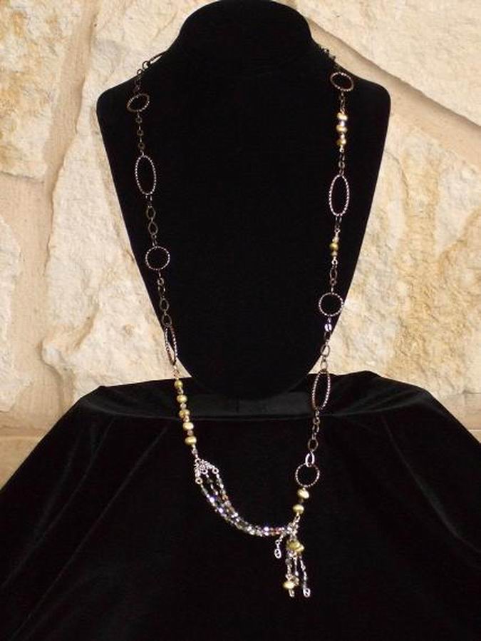 Freshwater Pearls and Fire Polished Czech Glass on Gun Metal Chain. No Clasp needed.  (C120P131) - Click for more details