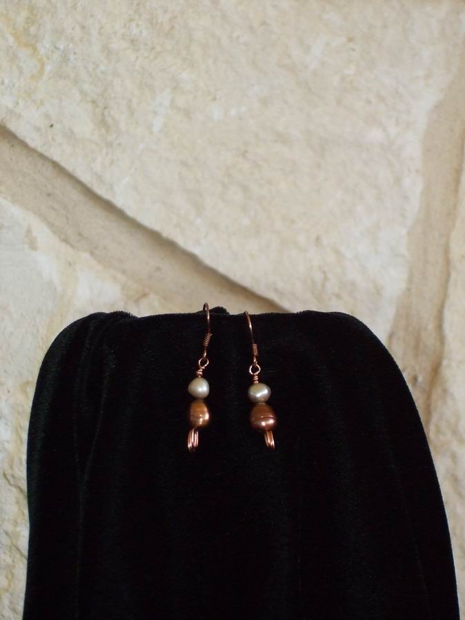 Bronze and Champagne freshwater pearls on copper wire. Copper ear wires.  (C120P142) - Click for more details