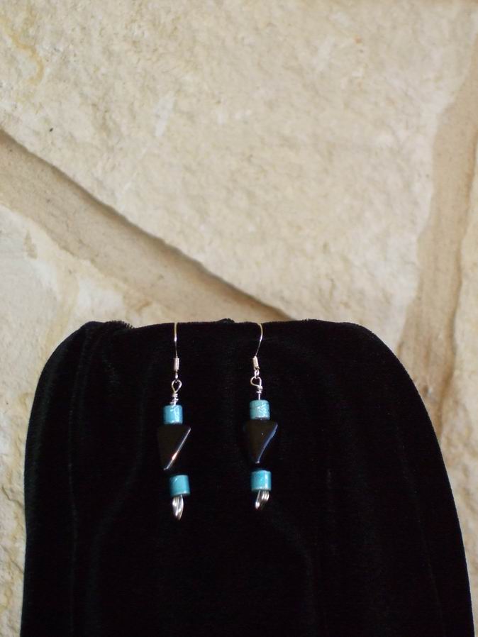 Black twisted square bead and aqua barrel glass beads on sterling wire. Sterling silver ear wires.  (C120P148) - Click for more details