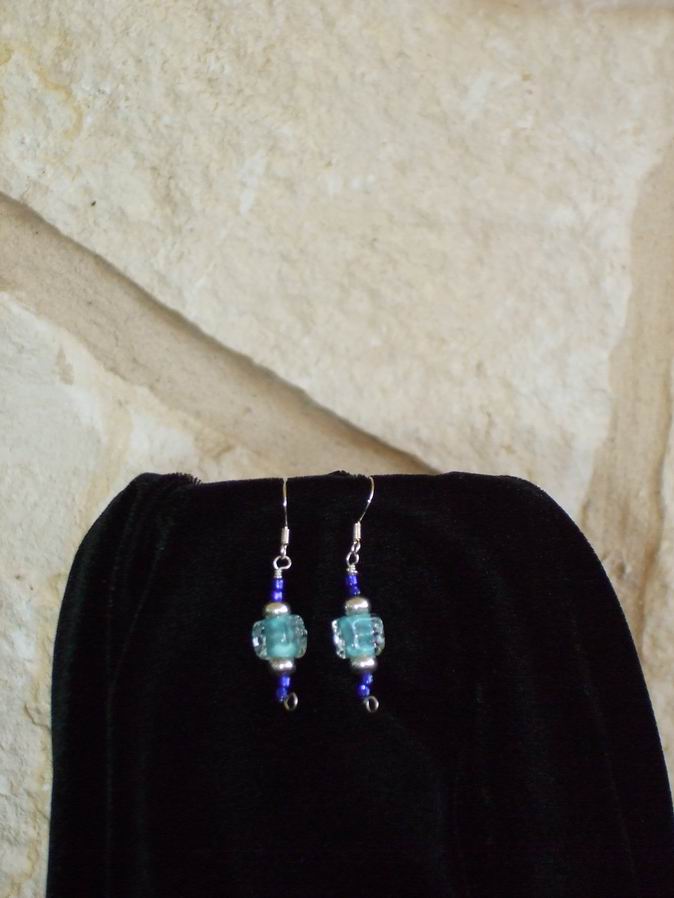 Hand-blown aqua glass beads with sterling silver and cobalt glass beads. Sterling silver ear wires.  (C120P154) - Click for more details
