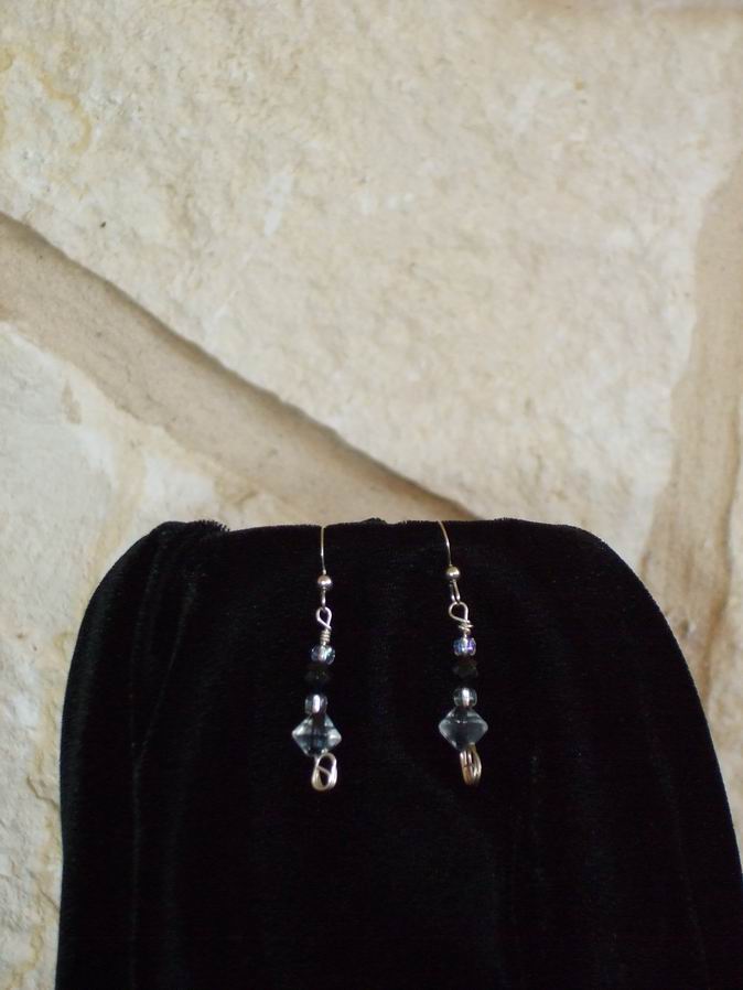 Clear Glass beads and black crystals on sterling silver wire. Sterling silver ear wires.  (C120P160) - Click for more details