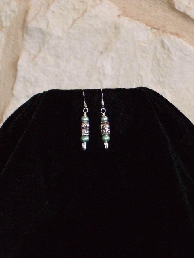 Light green freshwater pearls and silver beads on sterling silver ear wires.  (C120P168) - Click for more details