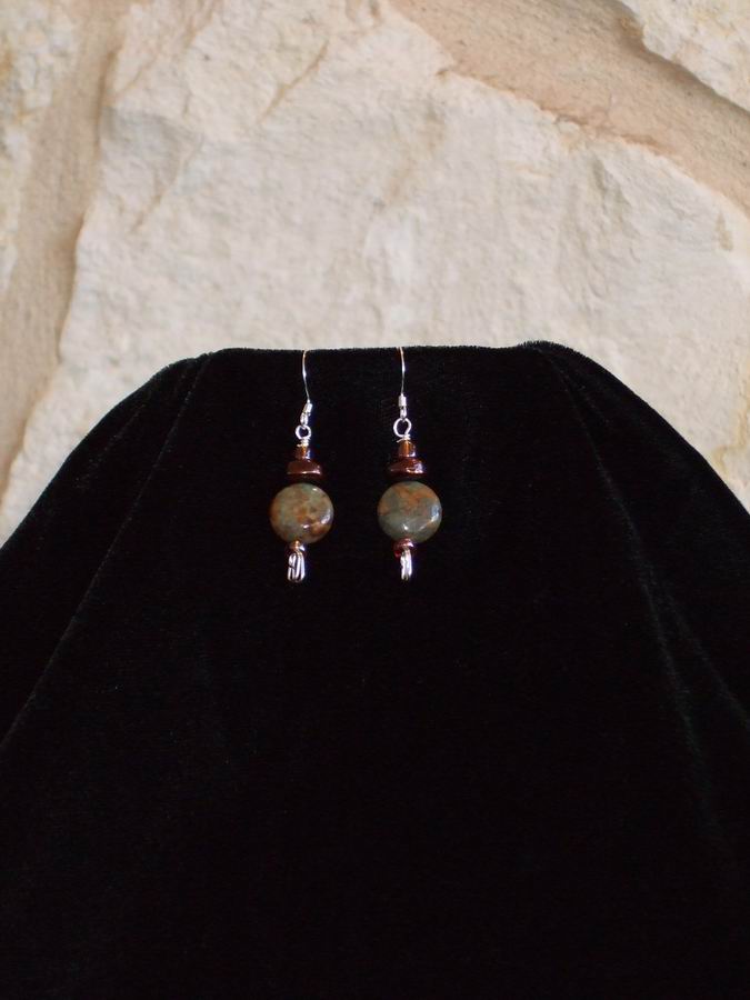African Opal with bronze and amber beads on sterling silver ear wires.  (C120P175) - Click for more details