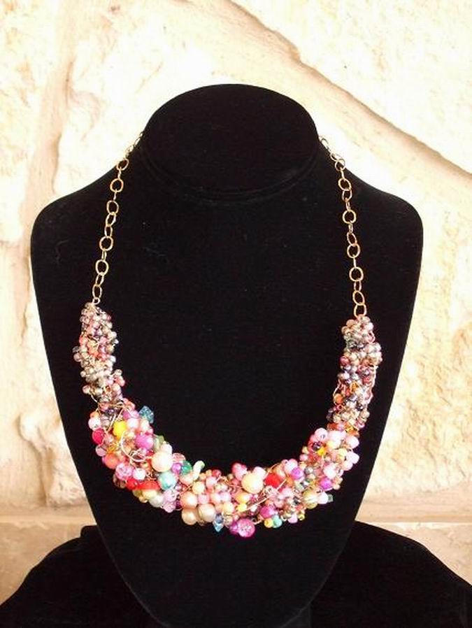 Festive multi-colored necklace of pearls and glass beads on gold wire. 14K Gold chain and clasp.  (C120P67) - Click for more details